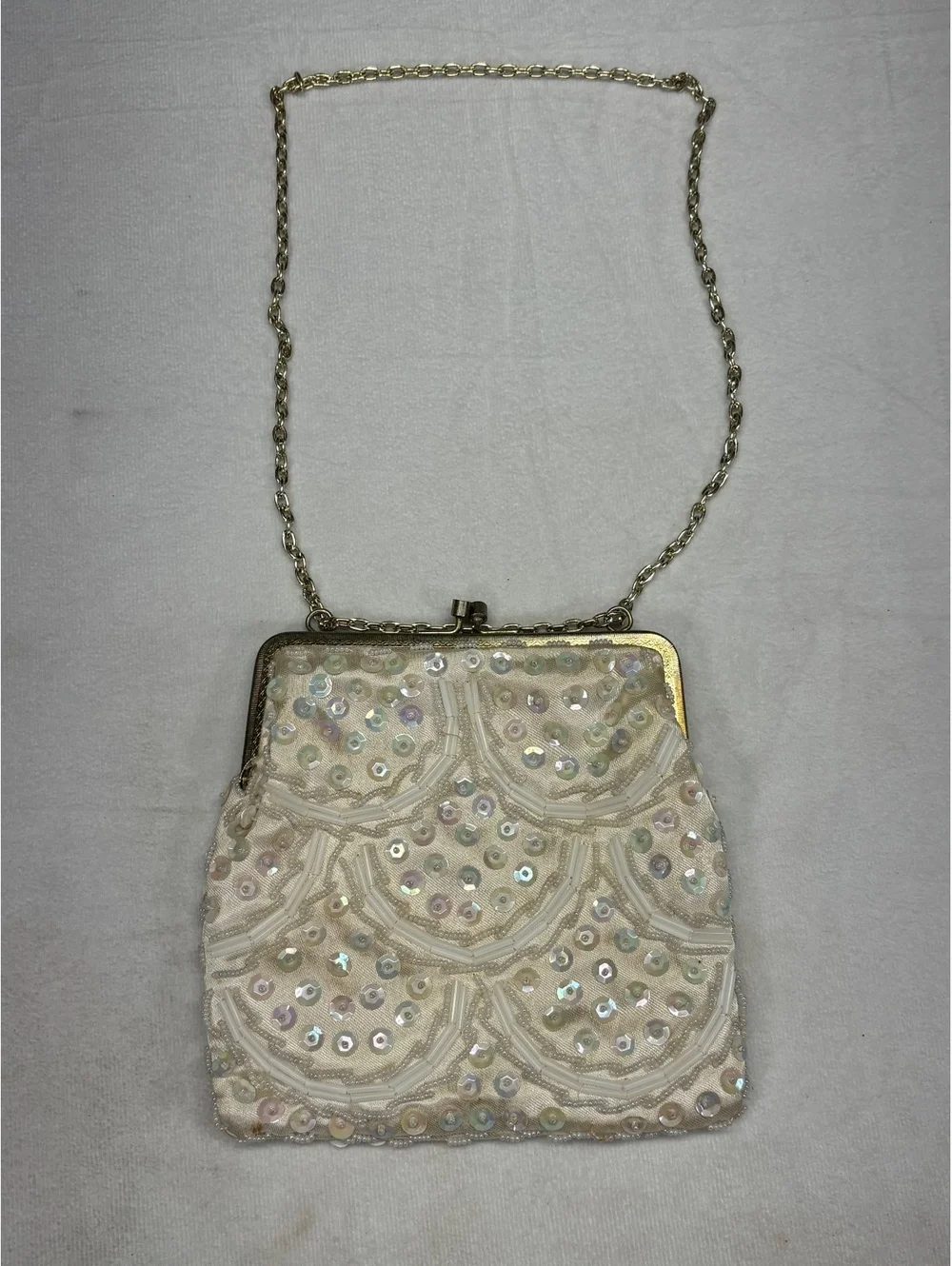 Vintage White Beaded Evening Bag with Chain Strap Made in Hong Kong